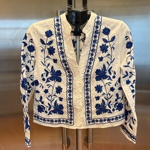 Floral Embroidered White and Blue Women's Top